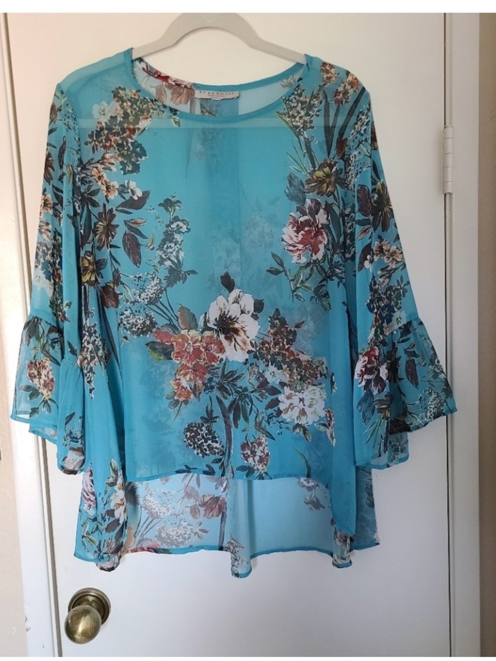 bryn Walker Turquoise Floral Sheer Bell-Sleeve Tunic